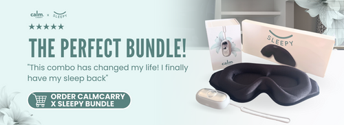 A collection of GlowCo products including Calm Carry and Sleepy sleep mask, hailed as the perfect bundle for sleep from a reviewer