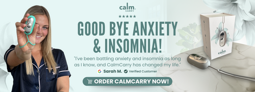 A CalmCarry user holding the device in her hand, with a comment underneath stating, "I've been battling anxiety and insomnia as long as I know, and CalmCarry has changed my life.