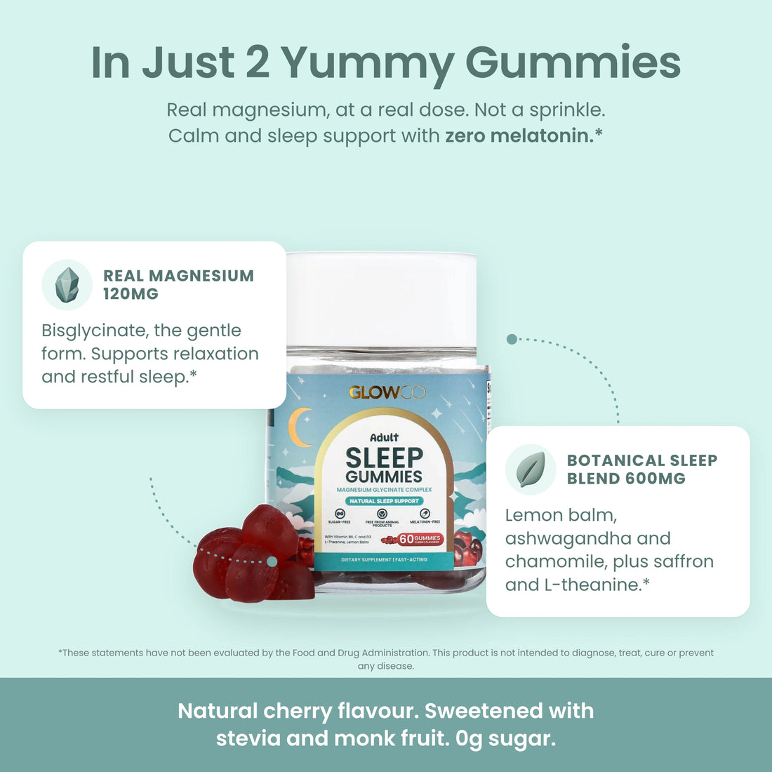In just 2 yummy gummies: 120mg real magnesium plus the Botanical Sleep Blend, natural cherry flavour, 0g sugar