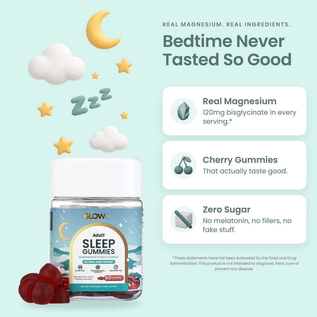 Bedtime never tasted so good: real magnesium bisglycinate, 120mg in every serving of Glowco Adult Sleep Gummies