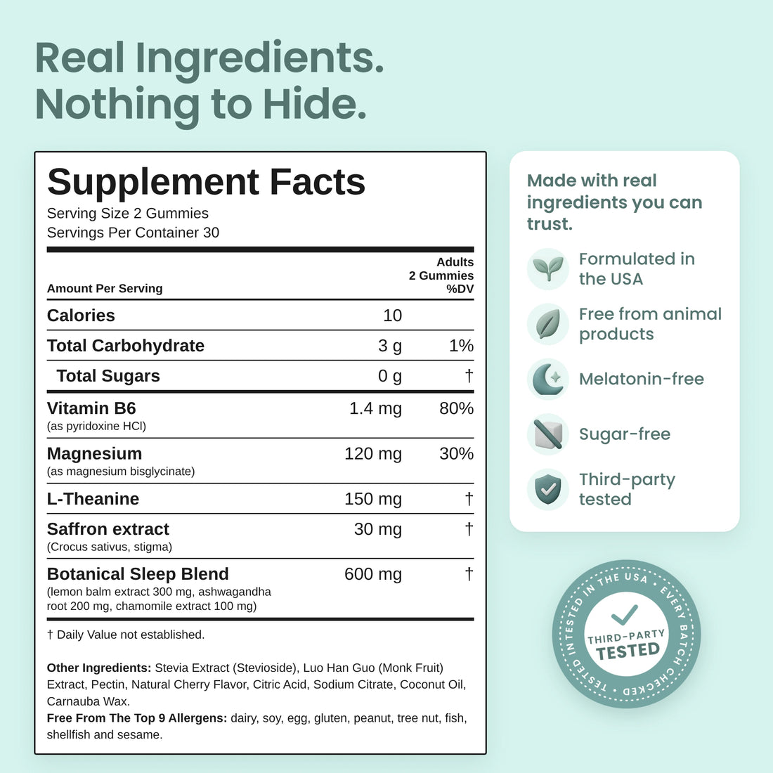 Glowco Adult Sleep Gummies Supplement Facts, key ingredients and quality badges