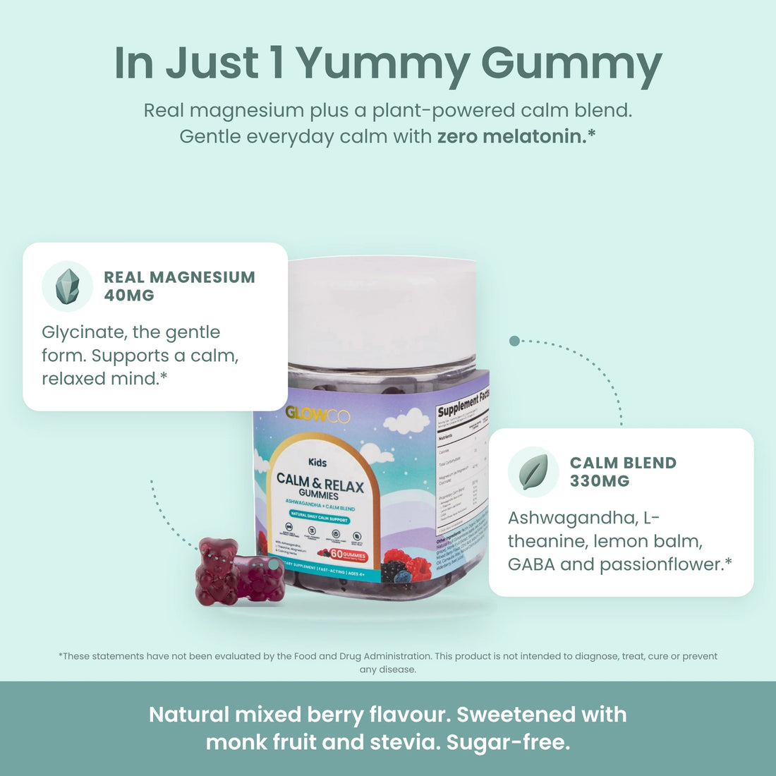 In just 1 gummy: real magnesium 40mg and Calm Blend 330mg