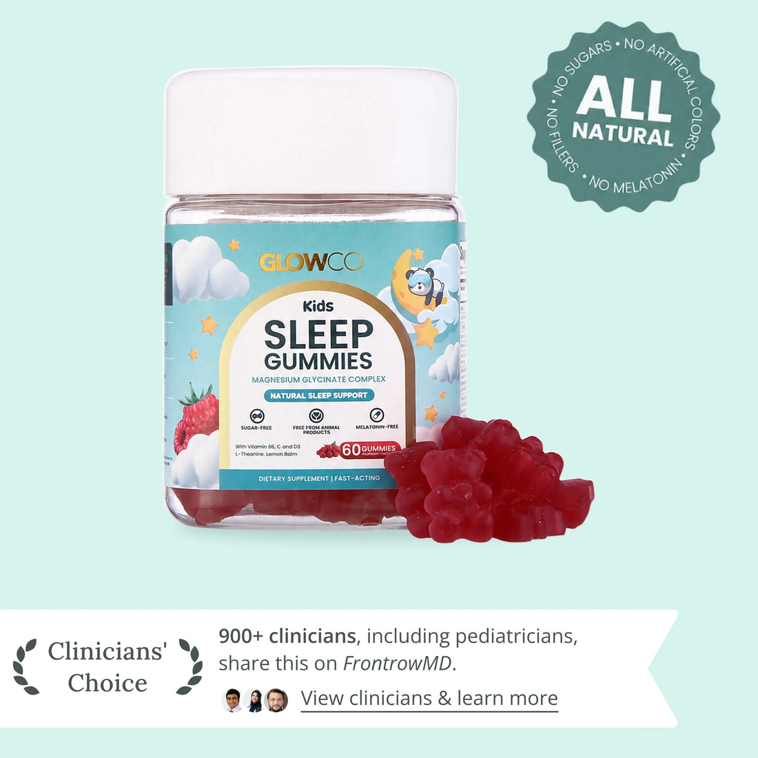 Glowco Kids Sleep Gummies jar with raspberry gummy bears, all natural: no sugars, no artificial colors, no melatonin, no fillers
