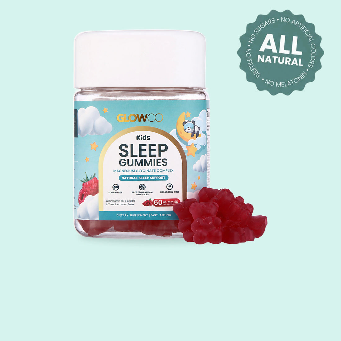 Glowco Kids Sleep Gummies jar with raspberry gummy bears, all natural: no sugars, no artificial colors, no melatonin, no fillers
