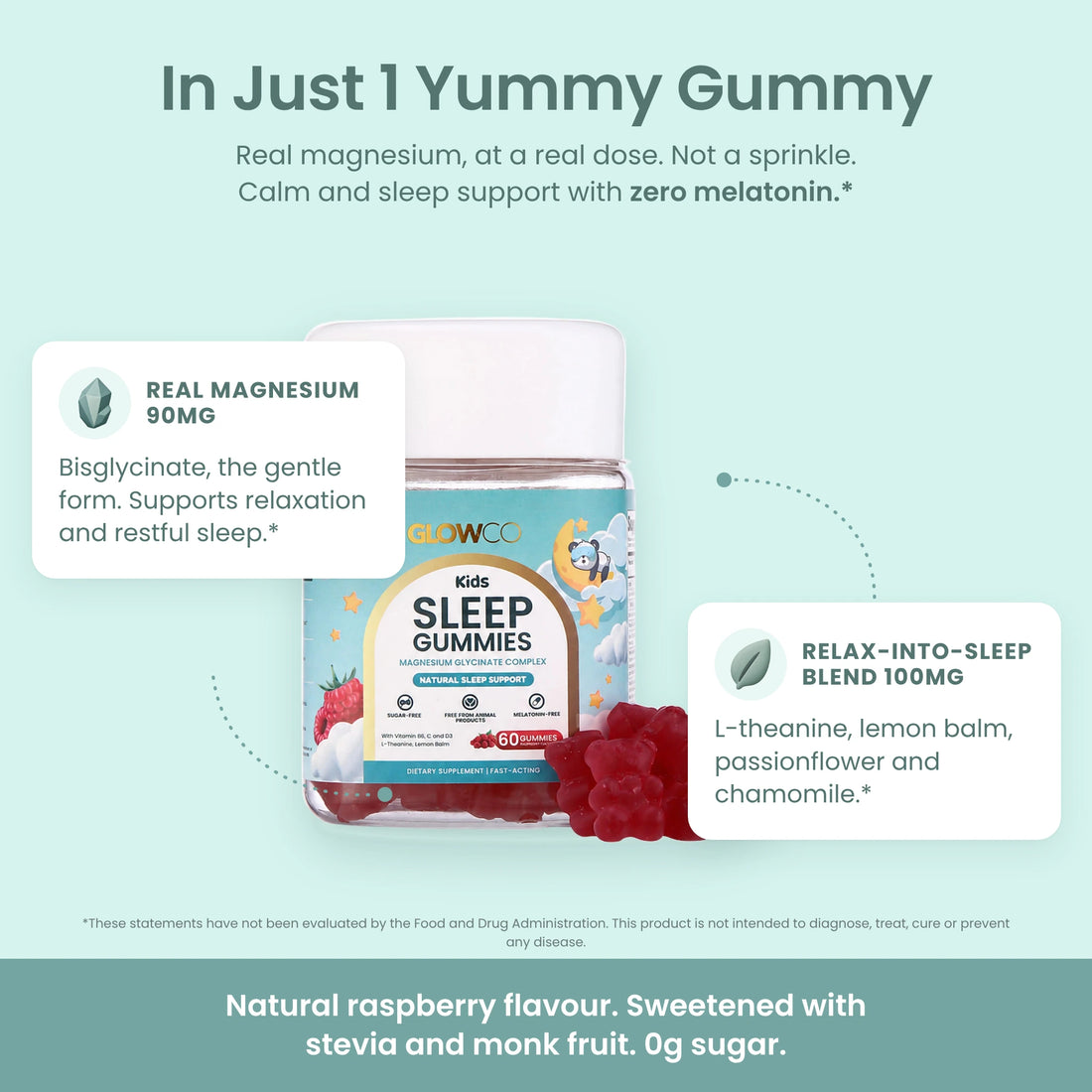 In just 1 yummy gummy: 90mg real magnesium plus the Relax-into-Sleep Blend, natural raspberry flavour, 0g sugar