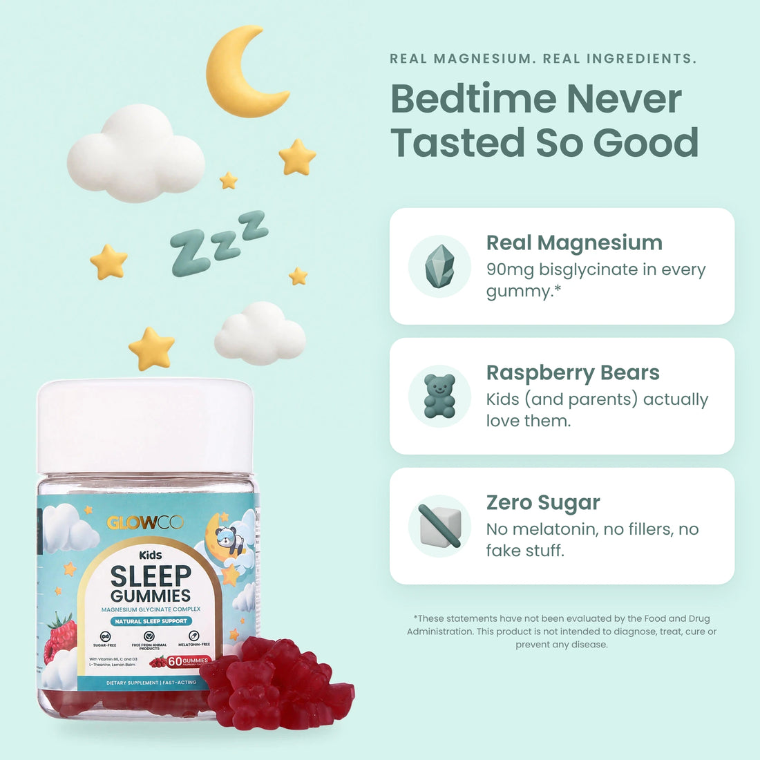 Bedtime never tasted so good: real magnesium bisglycinate, 90mg in every Glowco Kids Sleep gummy