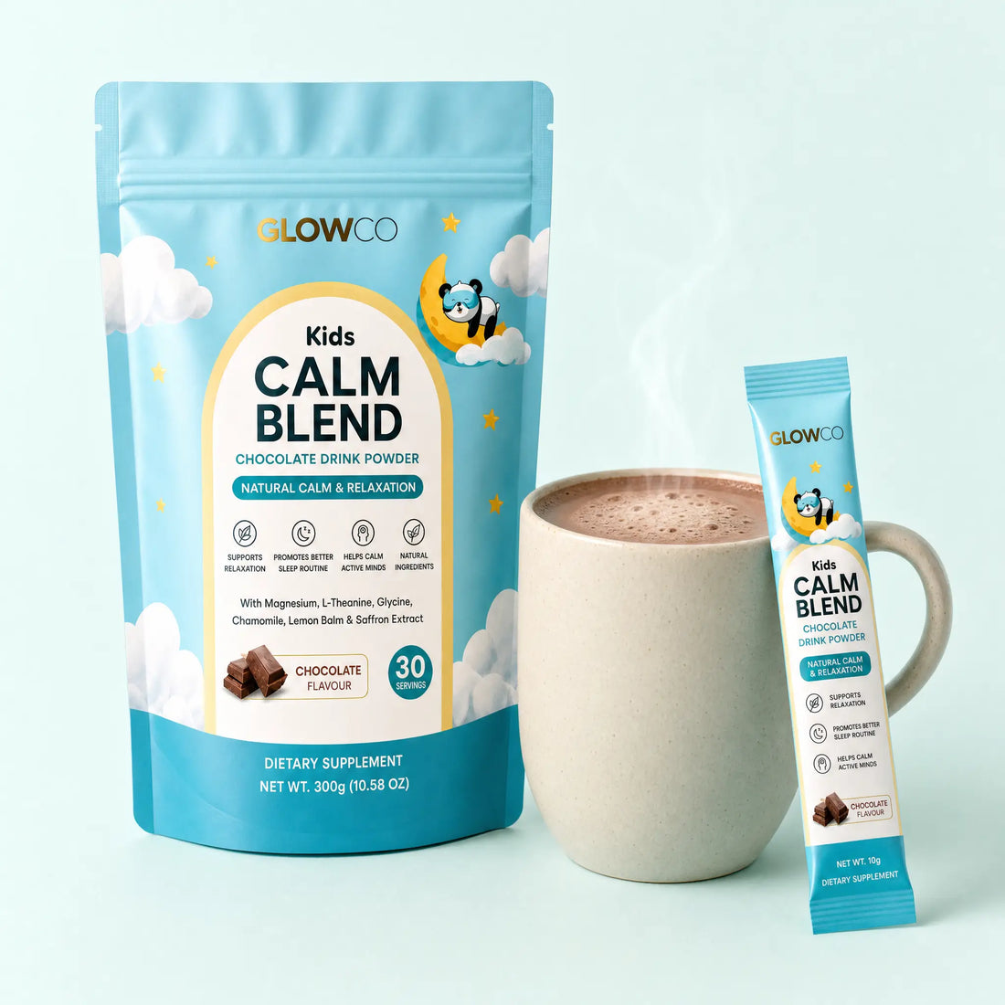 Kids Calm Blend pouch with a warm prepared mug of chocolate drink
