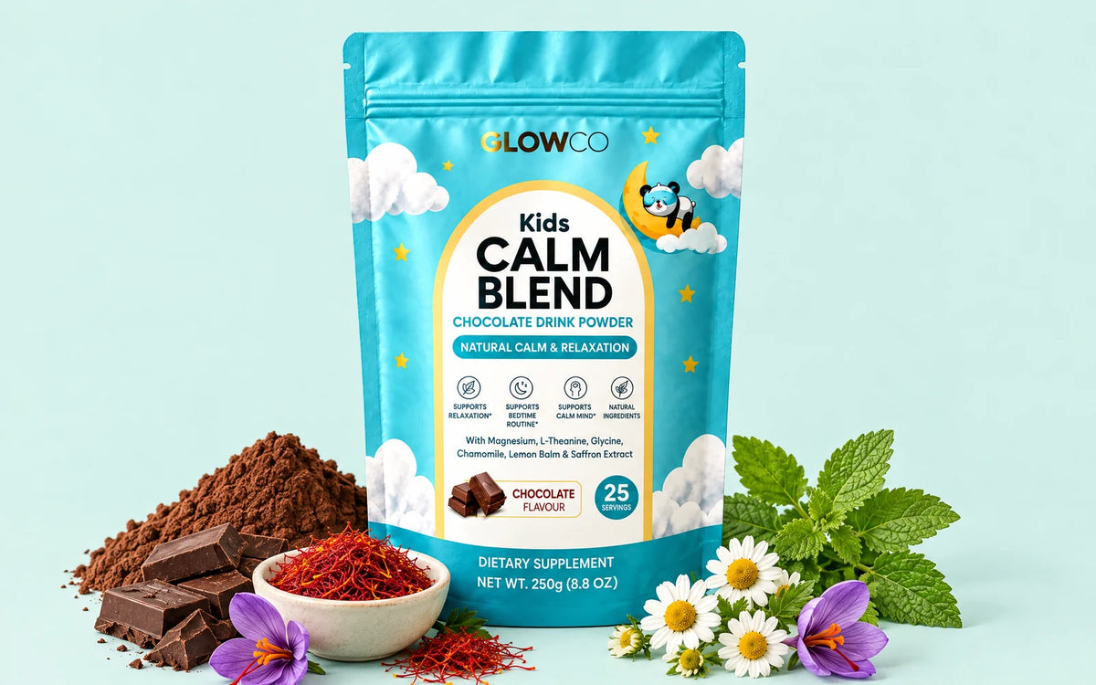 Chocolate, saffron, chamomile and lemon balm, the ingredients in Kids Calm Blend