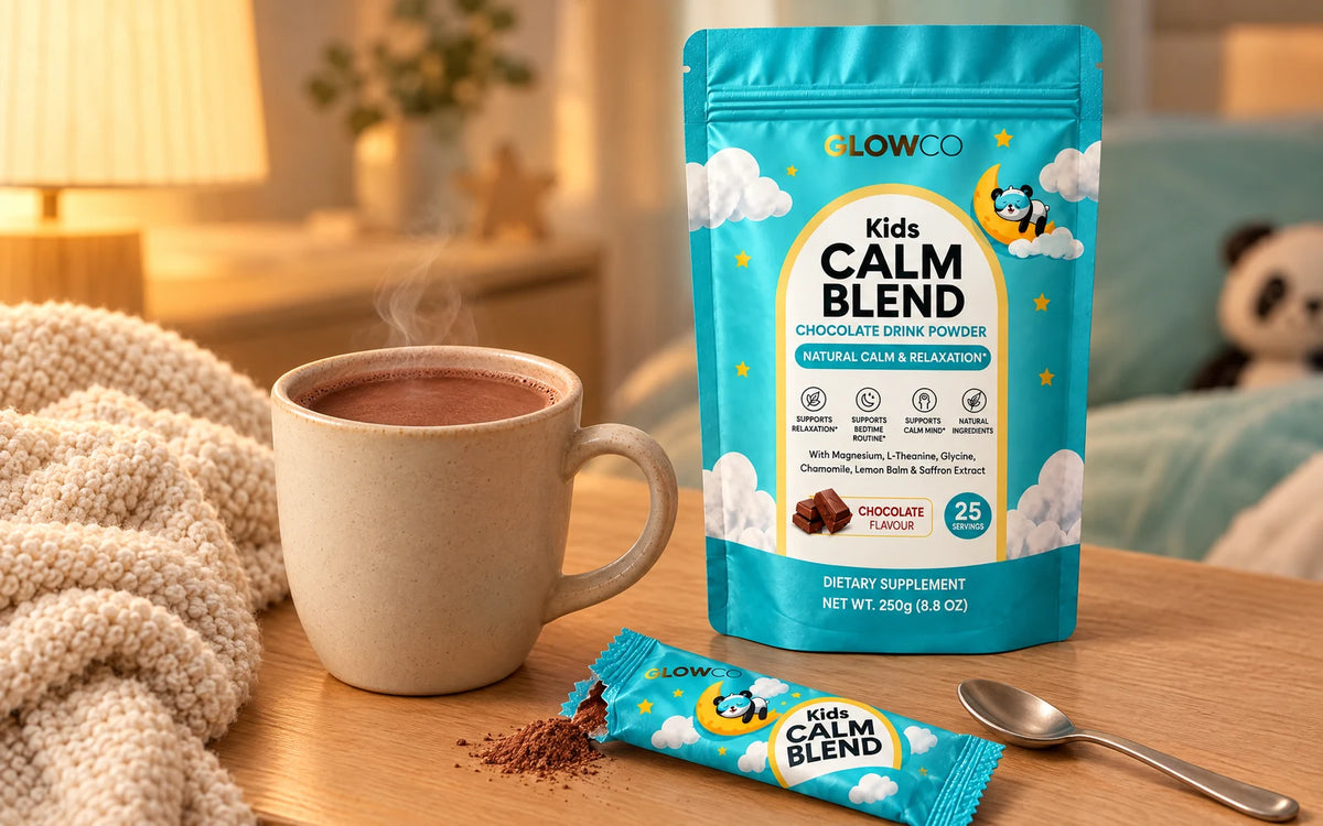 A mug of Calm Blend hot chocolate and the pouch