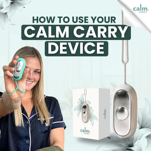 "Person holding CalmCarry device with text: 'How to use your CalmCarry device'