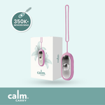 The product image shows the CalmCarry device and its packaging. The device is silver and gold and has a simple design.