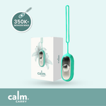The product image shows the CalmCarry device and its packaging. The device is silver and gold and has a simple design.