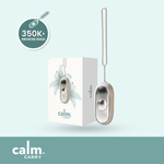 The product image shows the CalmCarry device and its packaging. The device is silver and gold and has a simple design.