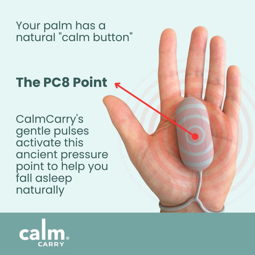 Glowco CalmCarry handheld sleep device placed in palm targeting PC8 acupressure point for natural anxiety relief and better sleep