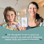Mother and daughter holding CalmCarry devices by GlowCo with testimonial about improved sleep and anxiety relief