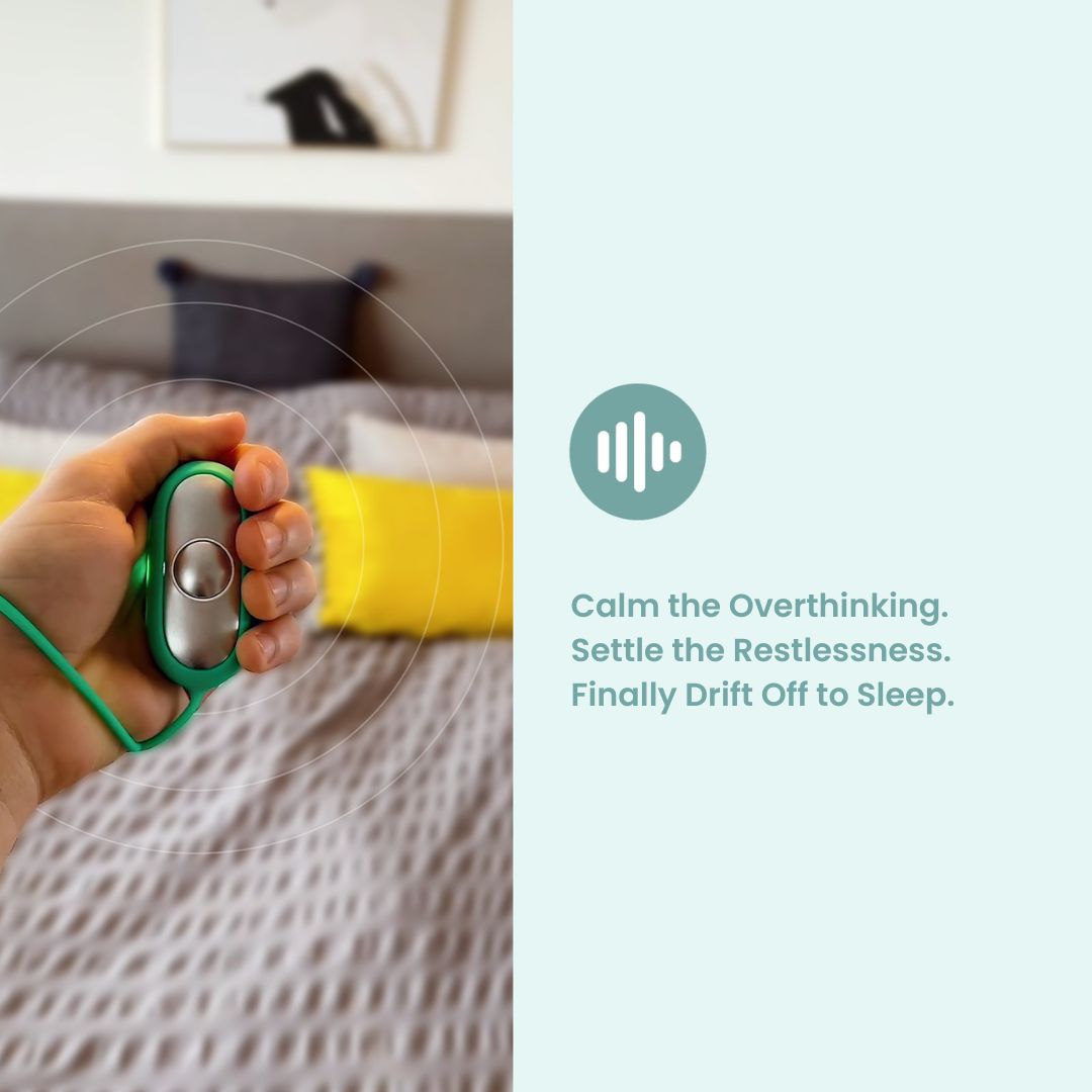 Hand holding a green and silver CalmCarry device with text about mental health benefits on a light blue background.
