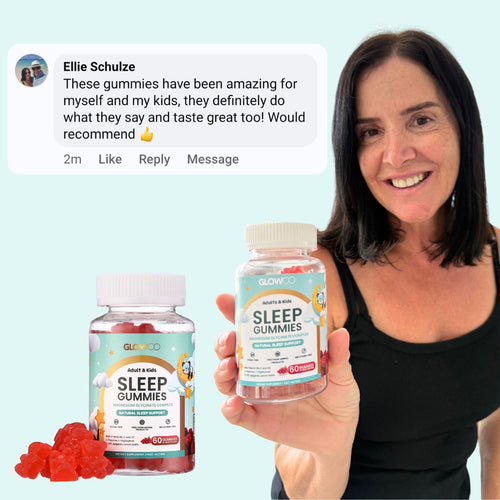 Woman holding a bottle of Glowco Sleep Gummies with a positive review displayed above.