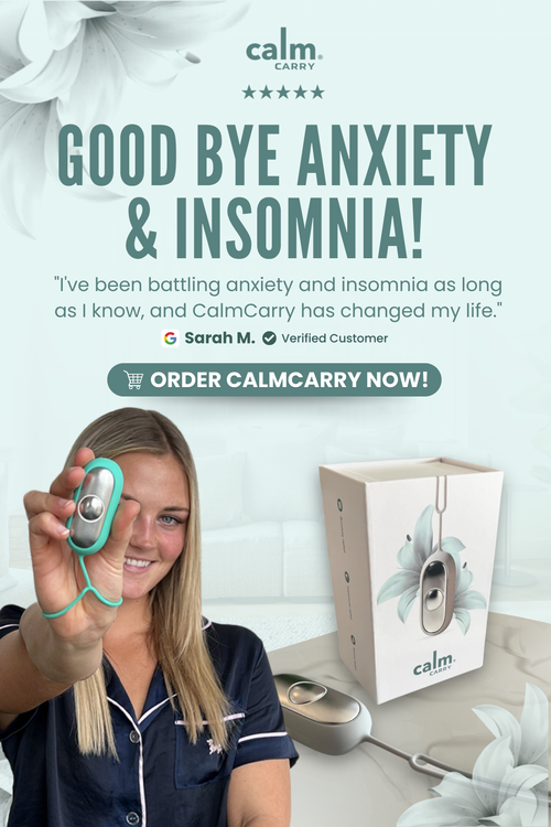 A CalmCarry user holding the device in her hand, with a comment underneath stating, "I've been battling anxiety and insomnia as long as I know, and CalmCarry has changed my life.