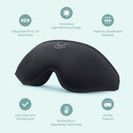 Black Glowco Sleepy Sleep Mask surrounded by key features including total blackout design, adjustable strap, breathable materials, ergonomic 3D contour, and comfortable fit for restful sleep.