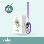 The product image shows the CalmCarry device and its packaging. The device is silver and gold and has a simple design.