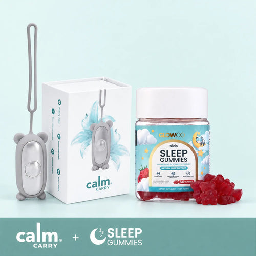 CalmCarry Kids device and box with a jar of Glowco Kids Sleep Gummies