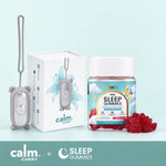CalmCarry Kids device and box with a jar of Glowco Kids Sleep Gummies