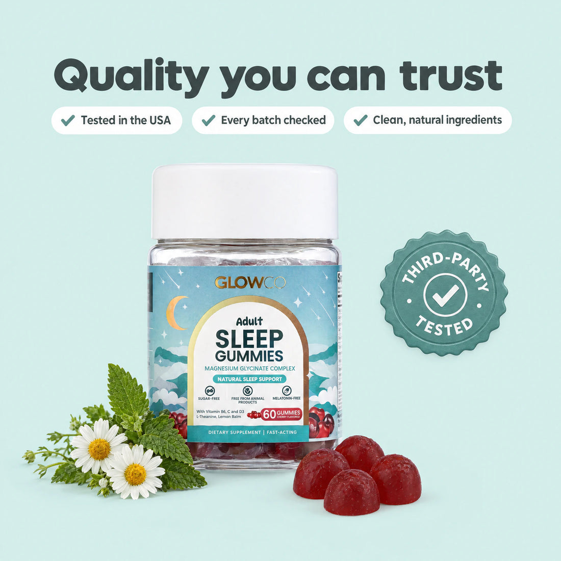 Glowco Adult Sleep Gummies, third-party tested in the USA