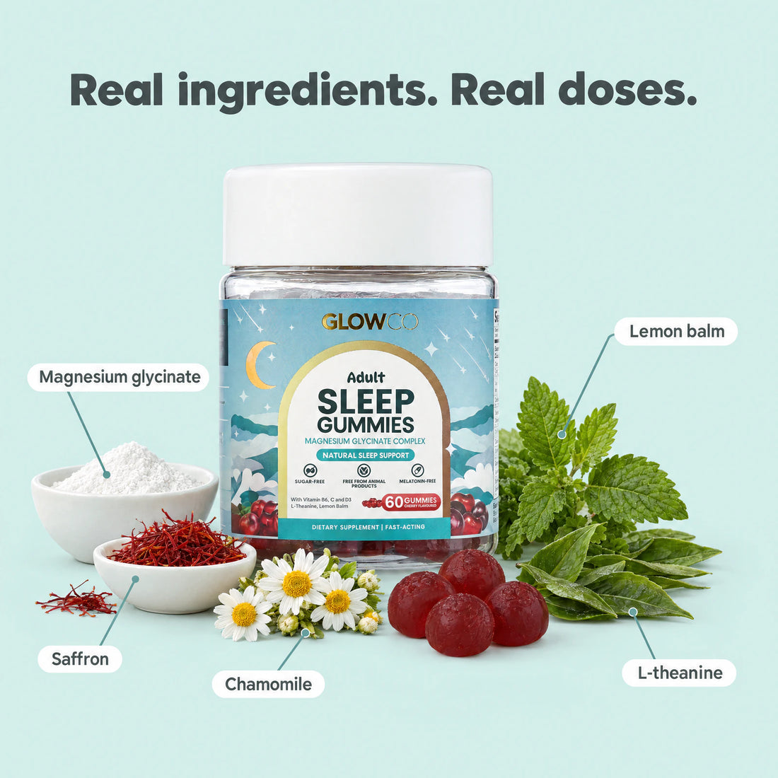Adult Sleep Gummies ingredients: magnesium glycinate, saffron, chamomile, lemon balm, L-theanine
