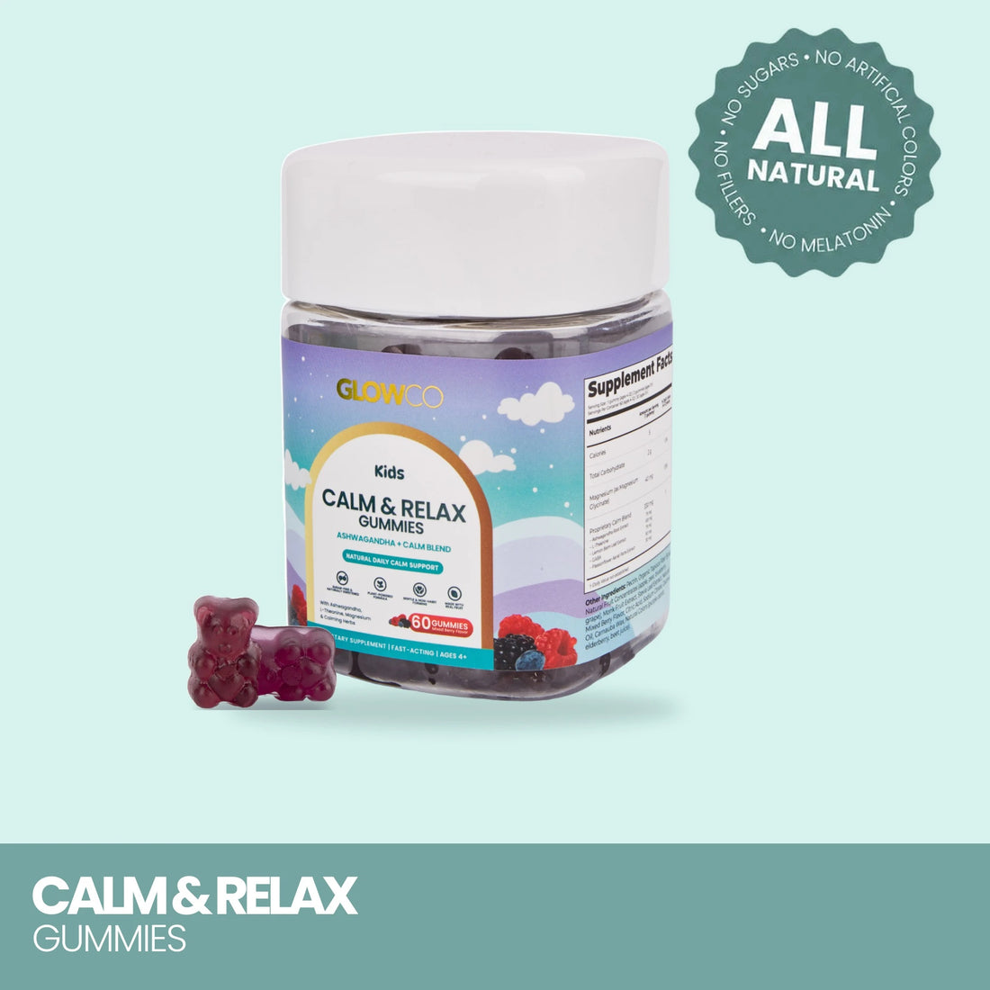Glowco Kids Calm & Relax Gummies jar with mixed berry bears, all natural, no melatonin