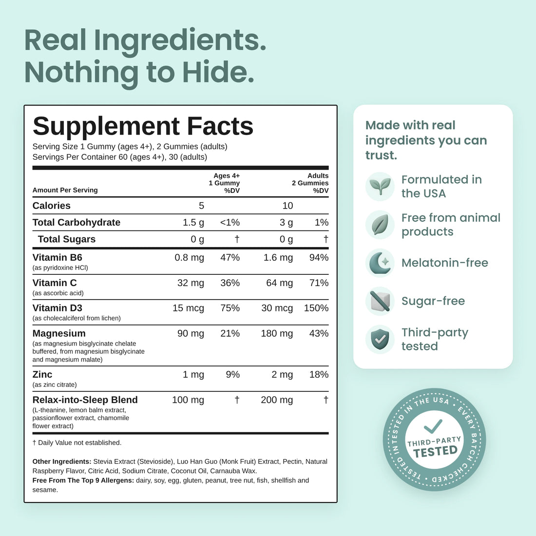 Glowco Kids Sleep Gummies Supplement Facts, key ingredients and quality badges