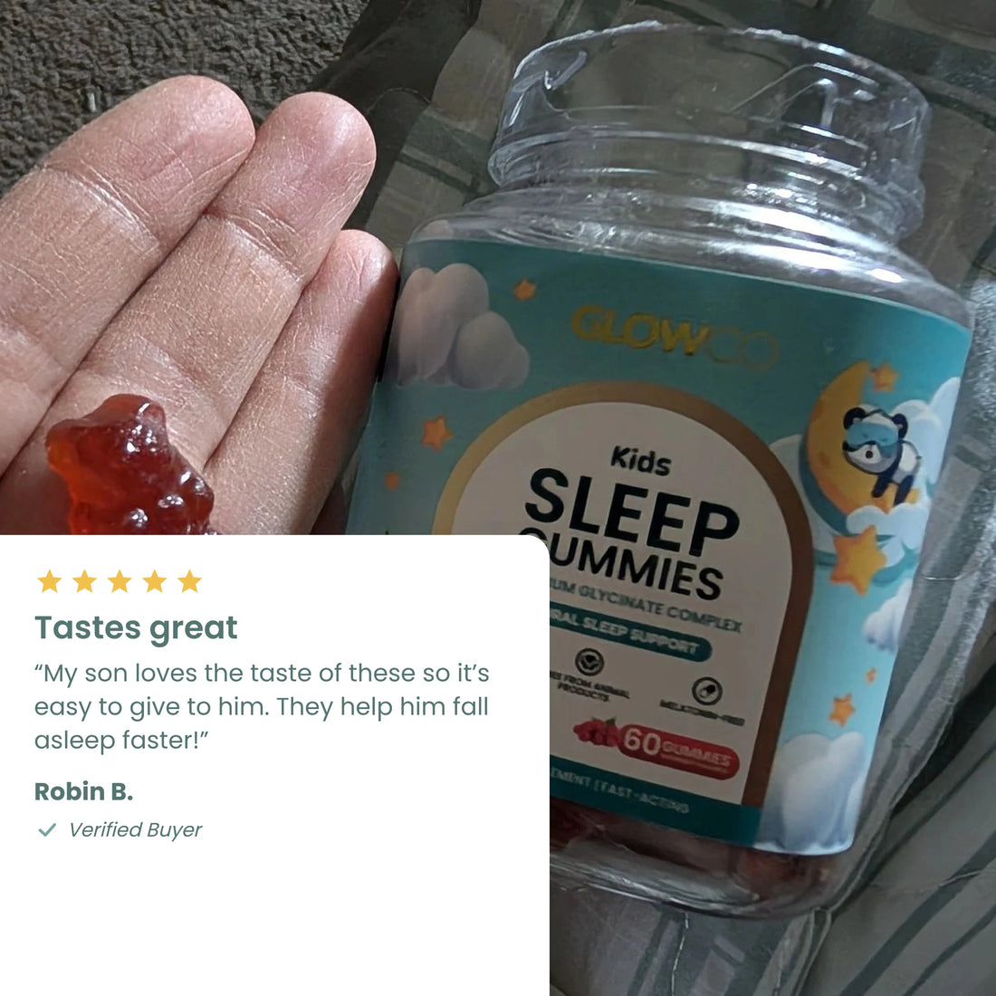 Real 5-star review from Robin B. for Glowco Kids Sleep Gummies