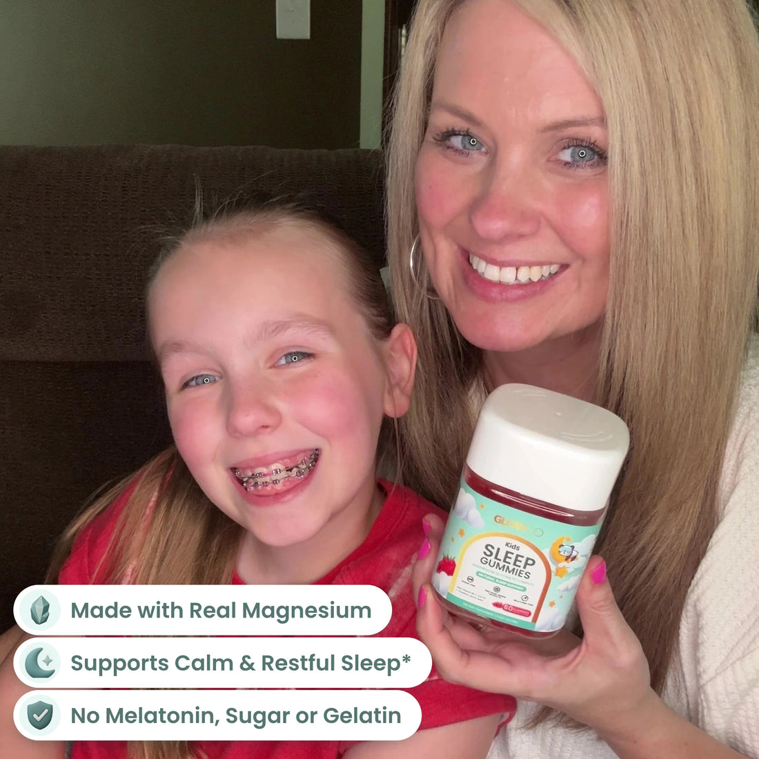 Mum and daughter with Glowco Kids Sleep Gummies made with real magnesium