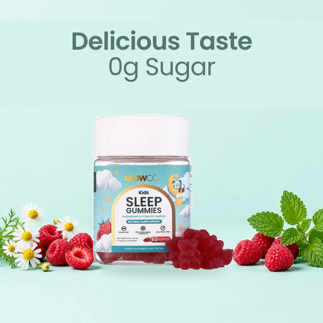 Glowco Kids Sleep Gummies, delicious raspberry taste with 0g sugar