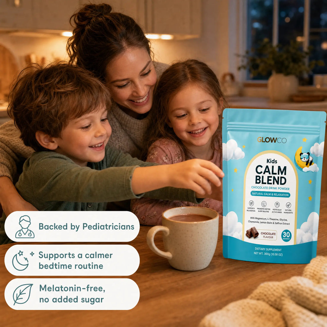 Parent and children at bedtime with benefit callouts for calmer bedtime routine