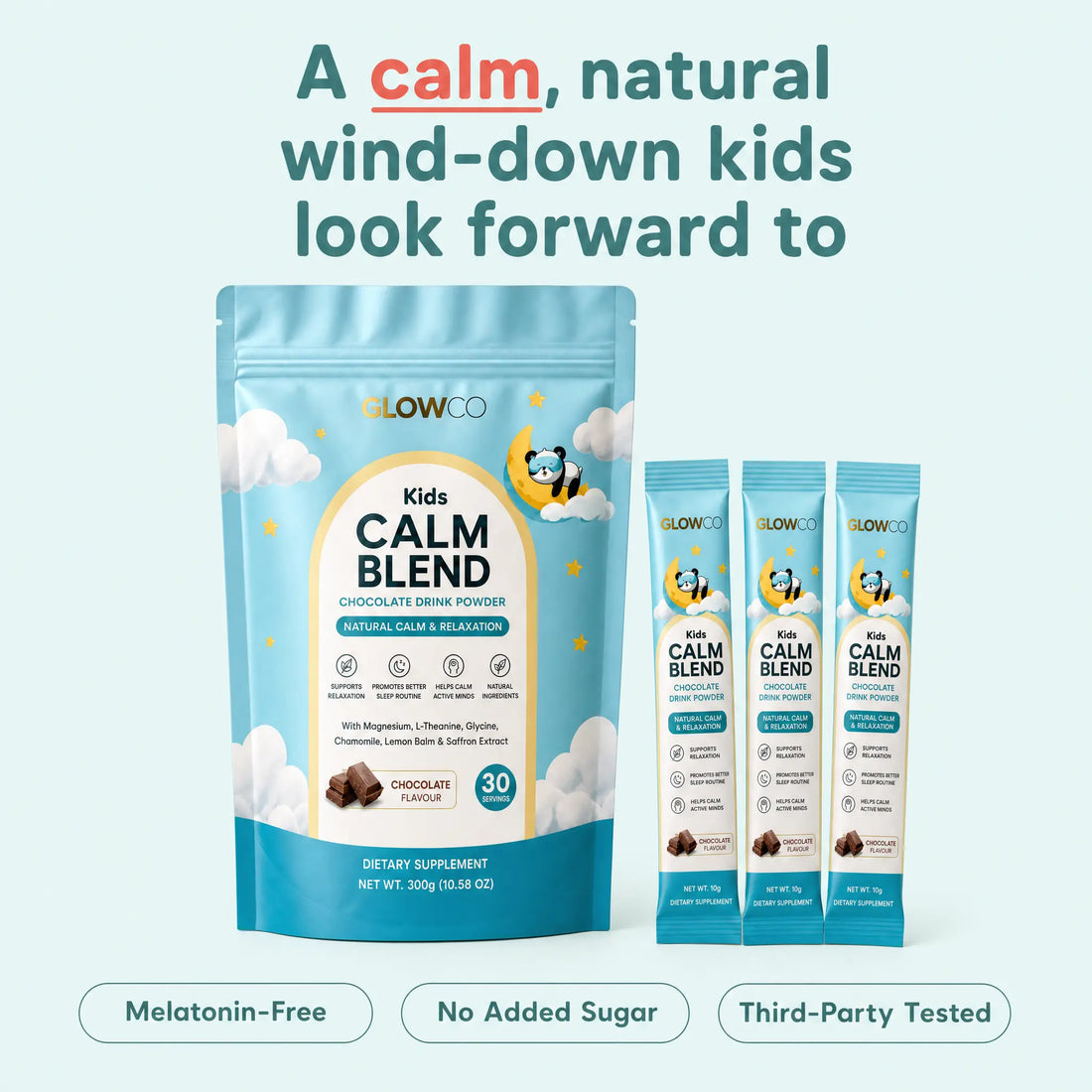 A calm, natural wind-down kids look forward to, with melatonin-free, no added sugar and third-party tested badges
