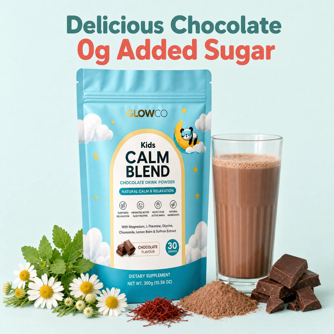 Delicious chocolate, 0g added sugar, pouch with chocolate milk and calming botanicals