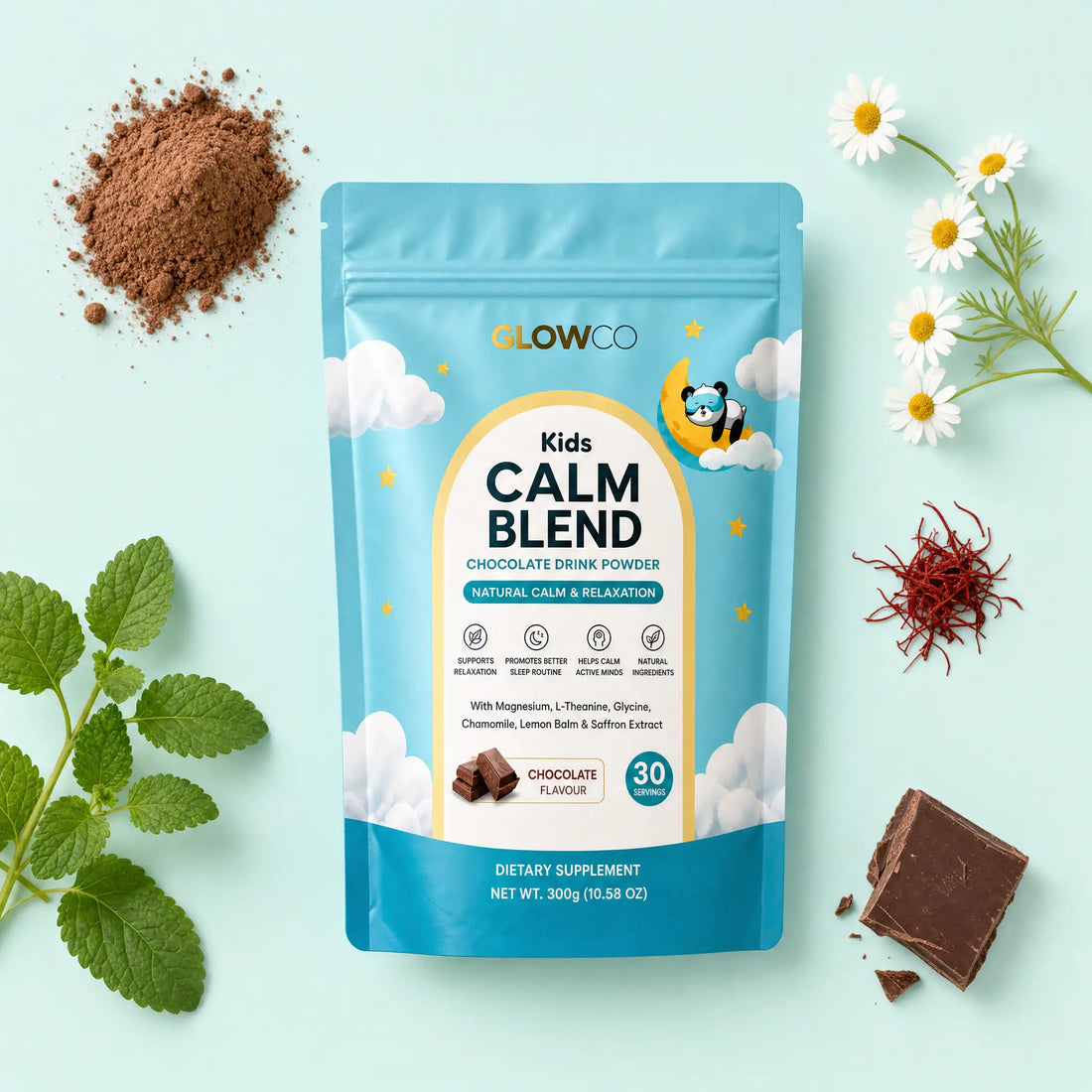 Ingredient flat-lay with cocoa, chamomile, lemon balm and saffron