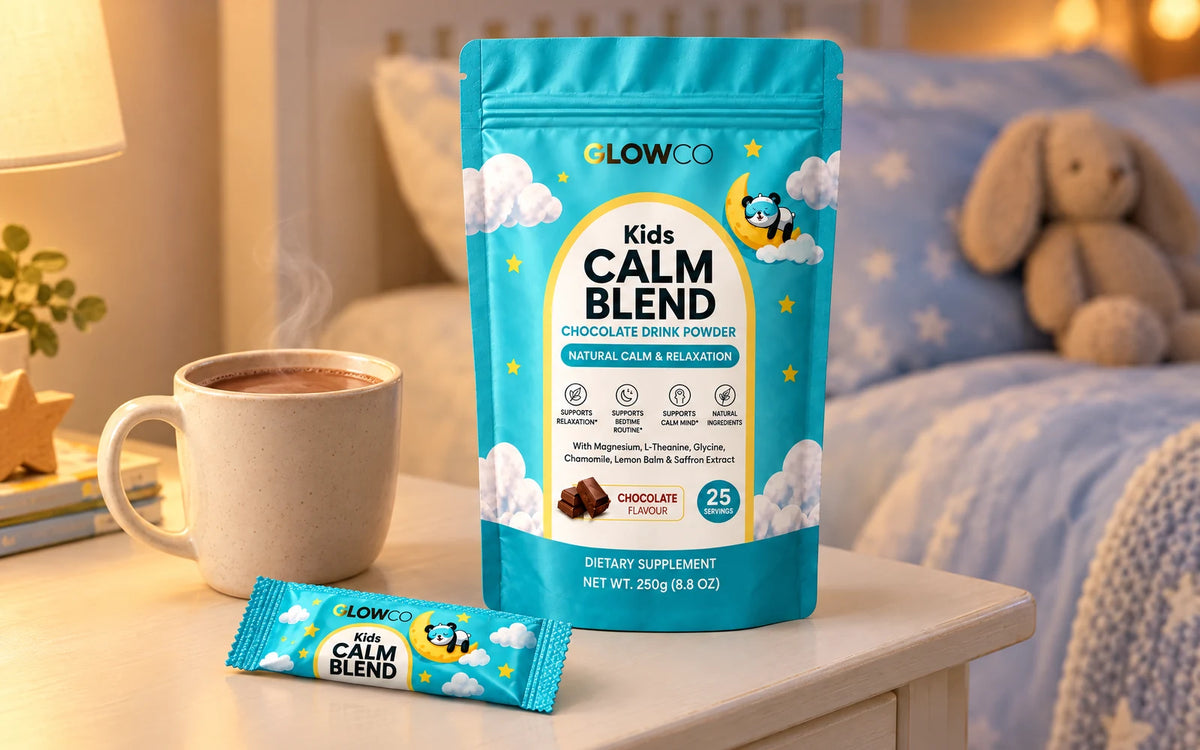 A pouch of Glowco Kids Calm Blend, and a mum stroking her sleeping son's hair