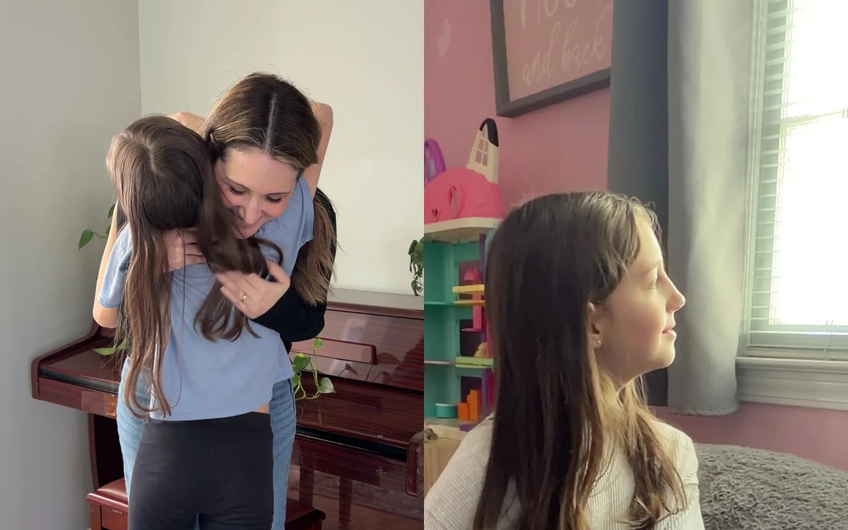 A mum and daughter hugging, and a calm child at home