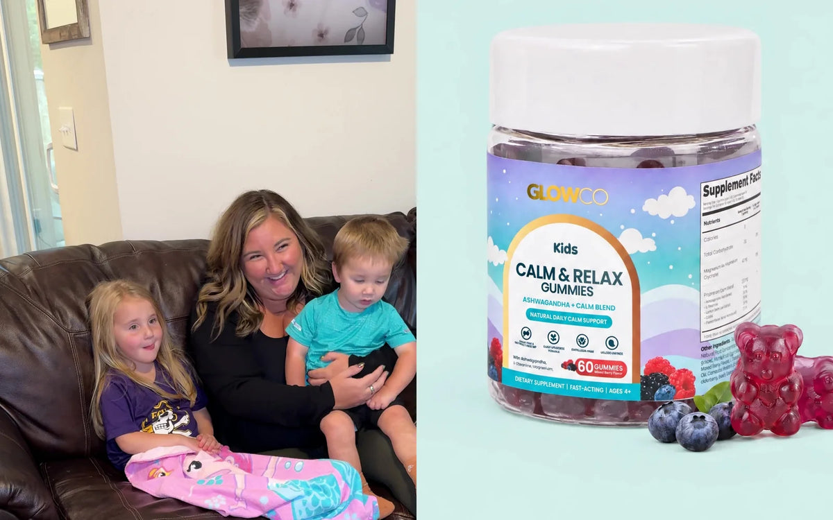 A mum relaxing with her children at home, and a jar of Glowco Kids Calm & Relax Gummies