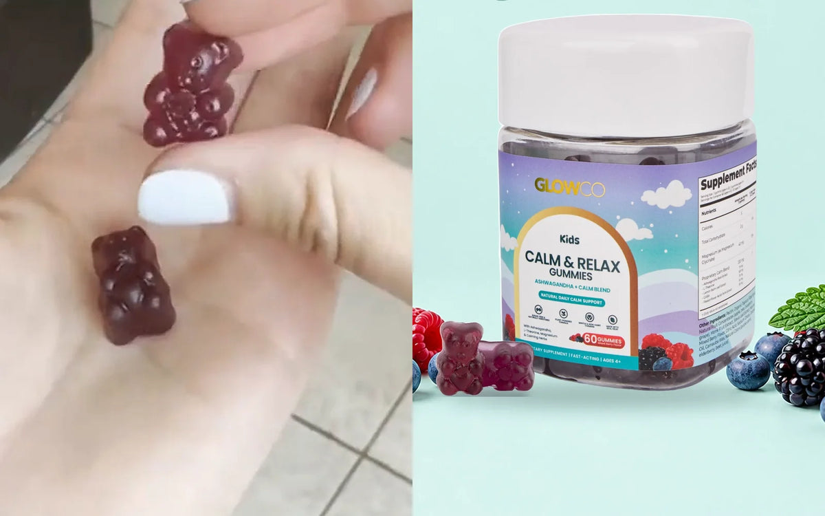 Mixed-berry calm gummies in a hand next to the jar