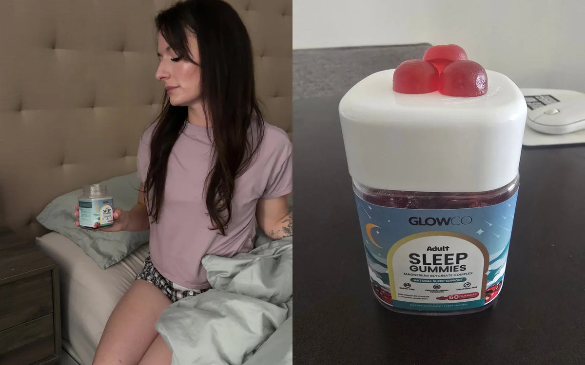 A woman with Glowco Adults Sleep Gummies at bedtime, and a customer's jar with cherry gummies