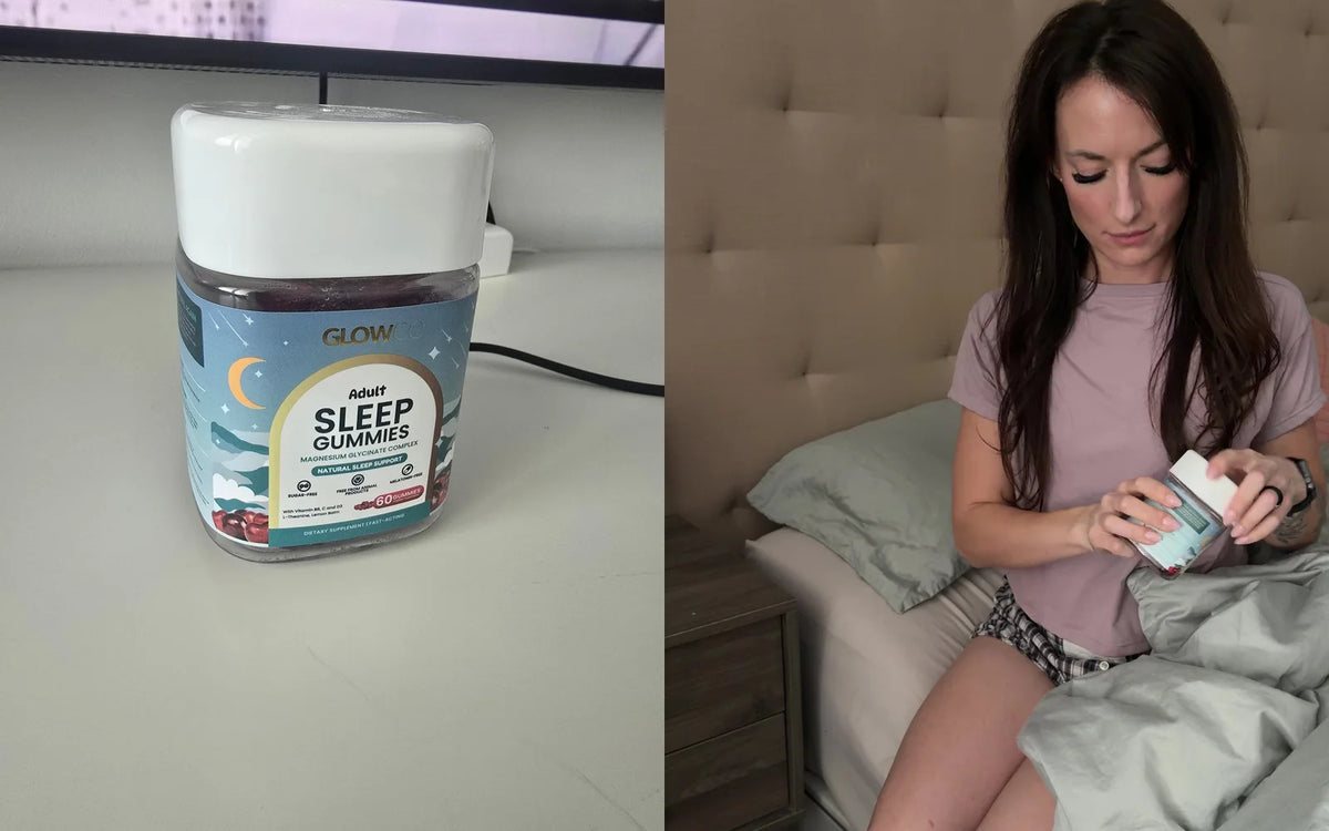 A customer's jar of Glowco Adults Sleep Gummies, and a woman opening the jar at bedtime