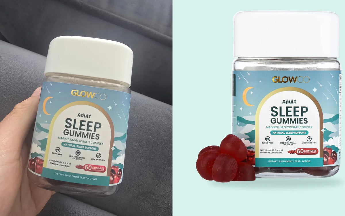 A jar of Glowco Adults Sleep Gummies made with magnesium bisglycinate