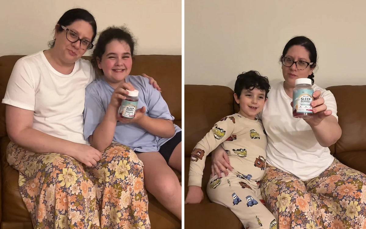 A parent holding a jar of Glowco Kids Sleep Gummies, and a raspberry gummy in a hand